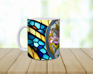 Faux Stained glass hummingbird ceramic mug personalized. Blue hummingbird with purple flowers coffee cup. Custom name bird mug.